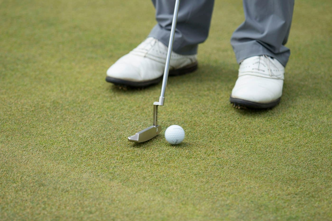 A golfer preparing to putt on a closely cut green