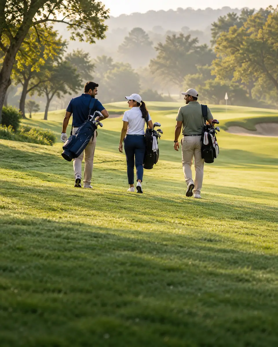 Three golfers walking together on a sunlit fairway